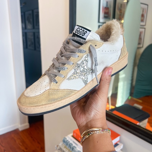Golden Goose Cream and White Sneakers with Silver Glitter Star